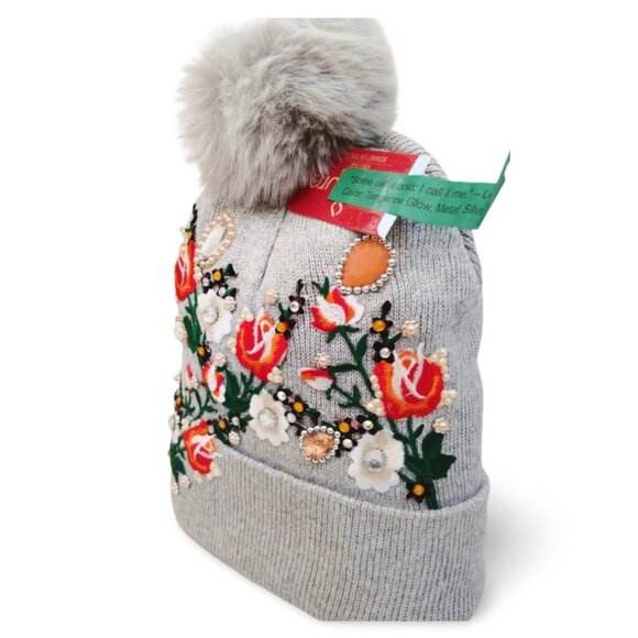 Vibrant Grey Knit Orange Floral Embroidered Crystal Beanie & Glove Set TT1550 - Picture 3 of 6